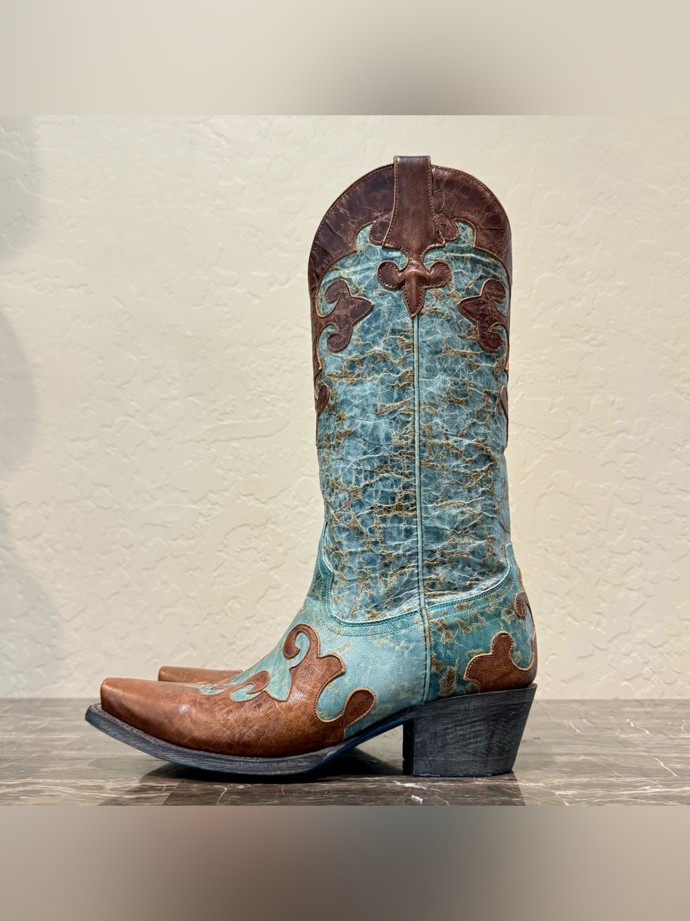 Lane Turquoise and Brown Overlay Distressed Leather Cowboy Boots